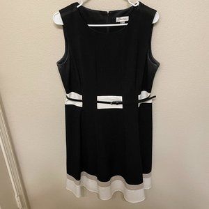 Calvin Klein Black, White, and Taupe Belted Dress - Size Petite 14